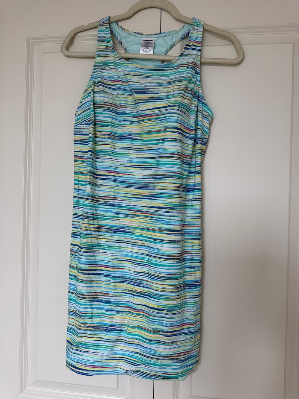 Lands' End Striped Racerback Tank Swim Dress  - Aqua, Blue & Yellow